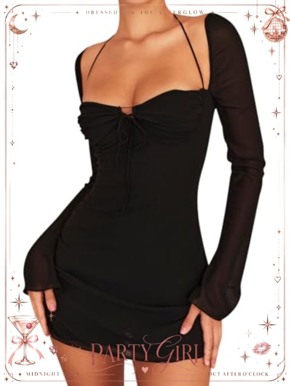 Mesh Bodycon Mini Dress Long Puff Sleeve Sweetheart Neck Party Women